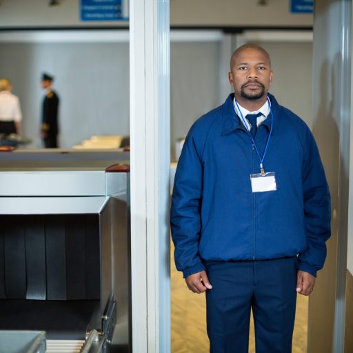 Portrait of airport security officer standing in metal detector door at airport terminal